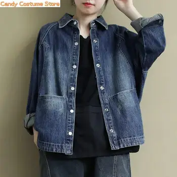 Женское свободное джинсовое пальто с длинным рукавом, двойной карман, универсальные повседневные винтажные джинсовые куртки, Весенняя корейская мода