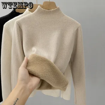 Женская осенне-зимняя трикотажная рубашка со стоячим воротником и плюшевой подкладкой, утепленный свитер на толстой основе, топ