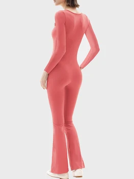 Женский комбинезон с расклешенными брюками, однотонный комбинезон с длинным рукавом и U-образным вырезом, 3D Цветочный декор, широкие ползунки во всю длину штанин