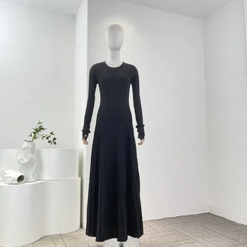 Новинка весны 2024 года, высококачественные серо-черные женские трикотажные платья Миди с длинным рукавом