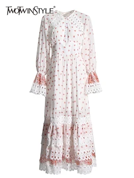 Женское платье с цветным принтом TWOTWINSTYLE, V-образный вырез, рукав-фонарь, высокая талия, кружевные элегантные платья в стиле пэчворк, женская мода