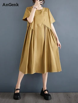 Лето 2023, Новые винтажные платья в стиле пэчворк цвета Хаки Для женщин, Корейская мода, Свободное повседневное платье с коротким рукавом, халат, элегантная одежда