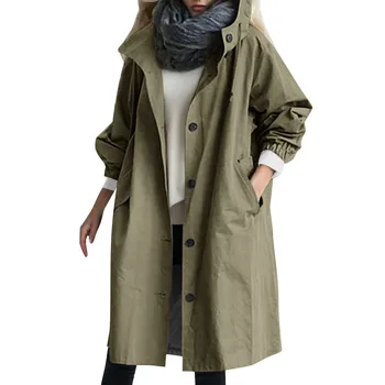 Женский модный тренч, куртки, Весна-осень, повседневное пальто средней длины с капюшоном, свободное Ветрозащитное пальто, Корейское модное пальто большого размера