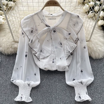 Элегантная шифоновая блузка-рубашка в стиле ретро с фрагментами, женская осенняя блузка с оборками и бантом, Супер Сказочный свободный топ 2023