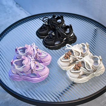 Размер 21-36 Детская обувь 2023 Летние Детские кроссовки с дышащей сеткой Унисекс Для мальчиков И девочек Повседневная спортивная обувь Черный, Бежевый, Фиолетовый