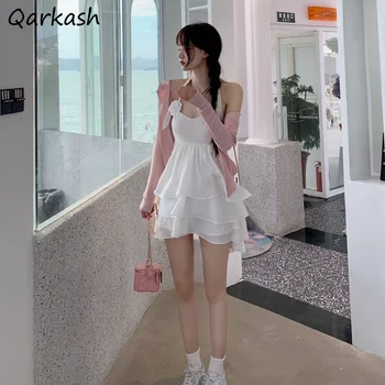 Женское однотонное мини-платье, сексуальное сказочное белое платье с каскадными рюшами, Элегантная милая праздничная вечеринка, универсальное летнее платье в корейском стиле в стиле ретро