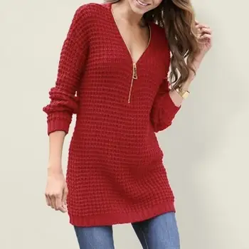 Женский свитер, шикарное женское вязаное платье-свитер, приталенный V-образный вырез, мягкий пуловер, стильный повседневный стиль средней длины для женщин, Леди Осень