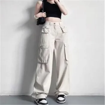 2023 Новые брюки-карго с высокой талией, женские брюки, пара женских боковых карманов, свободная молния, Y2K, модные прямые свободные повседневные брюки