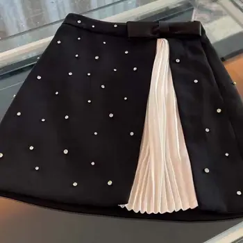 Черно-белая прошитая мини-юбка трапециевидной формы для женщин 2023, новый стиль, плиссированная короткая юбка со стразами, летняя