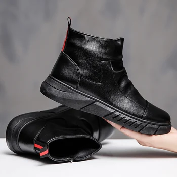 Зимние черные ботинки для мужчин; Модные кожаные ботинки; ботильоны на платформе; Уличные удобные мягкие мужские мотоциклетные ботинки; Botas Hombre;