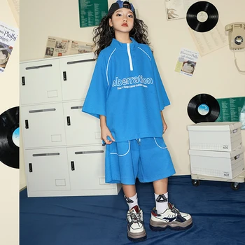 Уличная одежда Kpop для мальчиков и девочек, подростковая синяя рубашка Оверсайз, шорты Карго в стиле хип-хоп, Одежда для детей, джазовый танцевальный костюм, одежда
