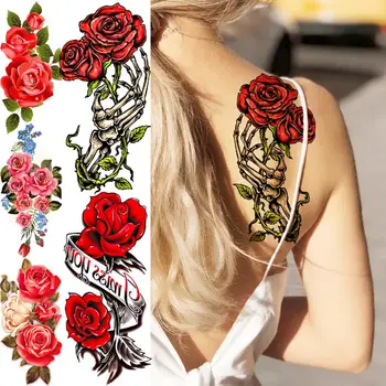 Сексуальные временные татуировки с изображением черепа в виде розы на спине для женщин, Пион для взрослых, реалистичная поддельная татуировка на руке, боди-арт, Водонепроницаемые татуировки, наклейка