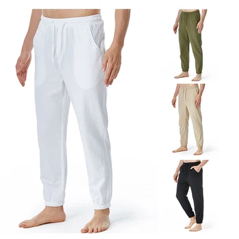 Мужские льняные хлопчатобумажные повседневные свободные спортивные брюки-карго с эластичной резинкой на талии, спортивные брюки для йоги