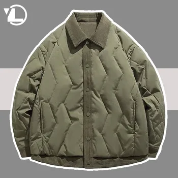 Зимняя мужская винтажная куртка С хлопковой подкладкой, сшитые пальто, Модная плотная однотонная стеганая Легкая осенняя верхняя одежда на пуговицах