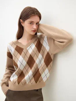 Женский пуловер с бриллиантовым V-образным вырезом в стиле американского колледжа FSLE2023, зимние новые винтажные свитера Sense, женские