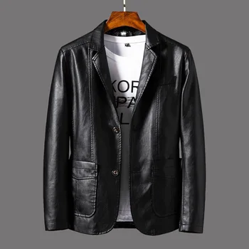 Мужской пиджак из искусственной кожи, приталенное короткое пальто, Весна-осень, Модная уличная одежда, повседневные куртки-блейзеры, Мужская верхняя одежда MY164