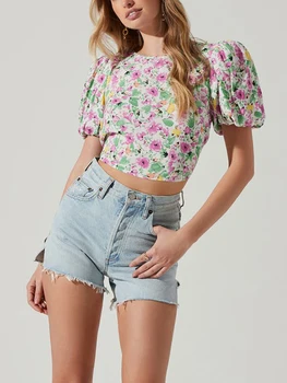 Женские летние модные укороченные топы с коротким пышным рукавом, футболка с цветочным рисунком и завязкой на спине