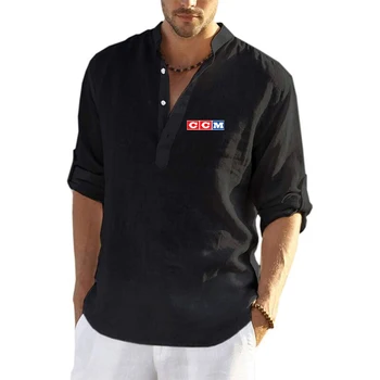 CCM 2023 Новая летняя льняная футболка с длинным рукавом, однотонный принт, повседневная свободная рубашка с длинным рукавом большого размера, мужская одежда