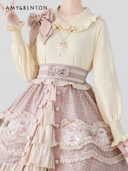 Японский трикотаж Sweet Lolita с кукольным воротником Kawaii, мягкий пуловер с милым рукавом-фонариком, приталенный универсальный свитер, осень-зима, новинка
