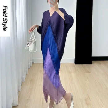 Плиссированное платье с бахромой, Женское платье с V-образным вырезом и рукавом 