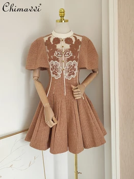 Французское Элегантное модное женское платье с высокой талией, приталенное, весна-лето, с вышивкой в стиле ретро, Платье трапециевидной формы с коротким рукавом