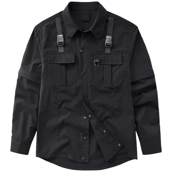 Уличная одежда, рубашка в стиле харадзюку, технологичная рубашка в стиле хип-хоп большого размера, Черная рубашка с карманом на пуговицах, весенне-осенняя рубашка на пуговицах