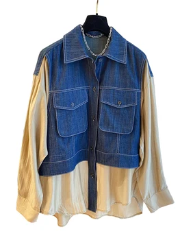 Джинсовая рубашка с атласными вставками, куртка, женская весенняя свободная женская куртка с отложным воротником, Уличная одежда, повседневное женское пальто, топы-рубашки 2023 г.