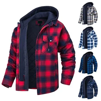 Зимняя мужская куртка с капюшоном 2023, Осенняя модная мужская утолщенная хлопковая ветрозащитная куртка с капюшоном, клетчатая рубашка, повседневная куртка для путешествий