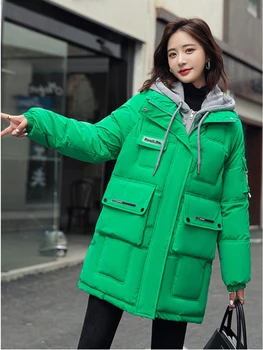 Корейские модные Женские парки, зимняя одежда, Женская теплая толстая куртка с хлопковой подкладкой контрастного цвета с капюшоном, топы для женской одежды