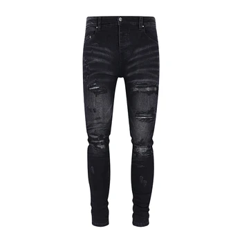 Новое поступление 1027 мужских модных черных джинсов, кожаных рваных джинсов с мятыми блестками, узких джинсовых брюк на пуговицах
