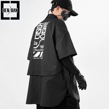 Мужская мода Hi Street Рубашки в стиле хип хоп оверсайз с буквенным принтом Harajuku Techwear Топы Уличная тактическая блузка