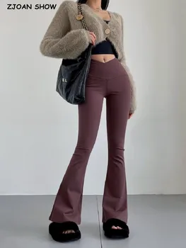 2023, Однотонные расклешенные брюки в американском ретро стиле, женские эластичные узкие брюки с V-образным вырезом, леггинсы для йоги, Серый, черный, коричневый
