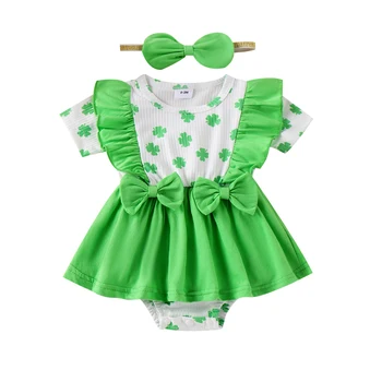 Пасхальный наряд для маленькой девочки, платье-комбинезон с короткими рукавами и бантиком на голове в виде кролика и трилистника, одежда St Patricks