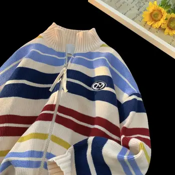 Модный корейский ретро Мужской теплый вязаный свитер winter street Y2K свободная пара, простая толстовка с капюшоном на молнии большого размера с высоким воротом, топ