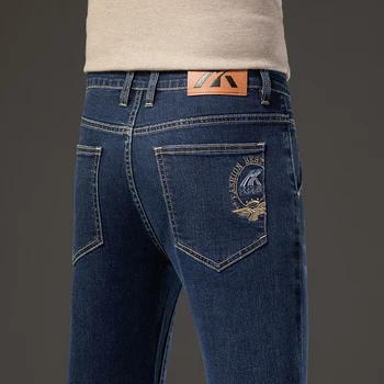 Мужские прямые джинсы Slim Fit 2023, Осенние Новые Модные Деловые повседневные джинсовые брюки Стрейч, черные, Серые Брендовые брюки