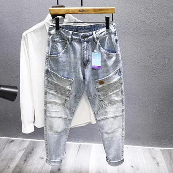 2023 Новые мотоциклетные джинсы Мужские Корейские модные Плиссированные джинсы с карманом на бедре в стиле Хип-хоп, Уличная одежда, Стрейчевые джинсовые брюки