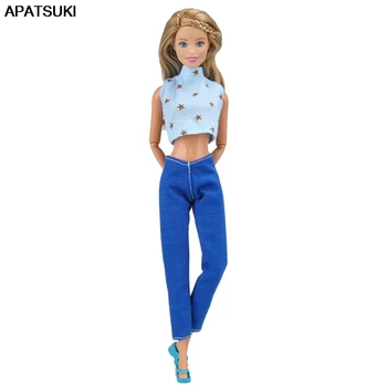 Синий модный комплект одежды для кукол Барби, короткие топы без рукавов с высоким воротом и звездным принтом, длинные брюки-карандаш, брюки своими руками