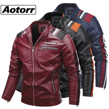 Новая мужская кожаная куртка на молнии, модная мотоциклетная верхняя одежда в стиле пэчворк, воротник-стойка, приталенные куртки-бомберы, Повседневная ветровка, пальто