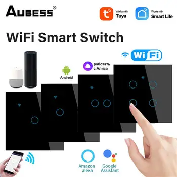 Сенсорный выключатель WiFi Smart Light Smart Life Стеклянная панель ЕС Настенный выключатель 2way Без Нейтрального провода Умный Дом Alexa Home