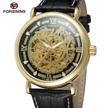 Модные часы FORSINING с полым дизайном, простой мужской золотой черный циферблат, золотой корпус, черный кожаный ремешок, автоматические механические часы