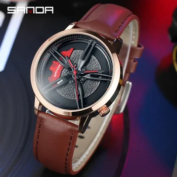 Вращение SANDA Автомобильная ступица Дизайн циферблата Модные кварцевые часы для мужчин Роскошный коричневый кожаный ремешок Водонепроницаемые наручные часы P1040