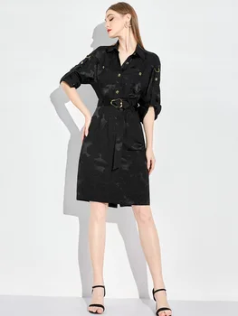 Черное Жаккардовое платье-рубашка с темпераментом Королевской сестры, женское летнее платье 2023, новое приталенное облегающее платье-поло с запахом в стиле хип-хоп