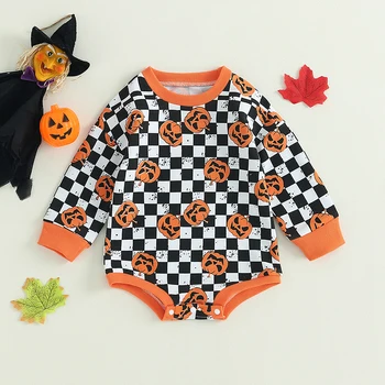 Одежда Для малышей, детский комбинезон на Хэллоуин, боди с длинными рукавами и принтом тыквы в шахматном порядке, комплект одежды для новорожденных детей