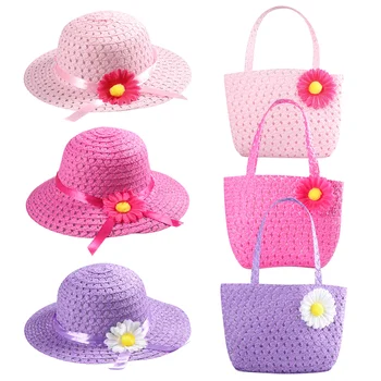 TOYMYTOY, набор из 3 шт. летних пляжных соломенных шляп с подсолнухом для девочек и 3 шт. сумочек для вечеринки с чаепитием (разные цвета)
