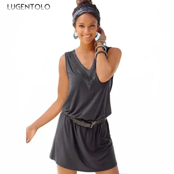 Сексуальное женское летнее пляжное платье с эластичной талией и V-образным вырезом Без рукавов, повседневная женская однотонная тонкая простая уличная мини-ткань Lugentolo