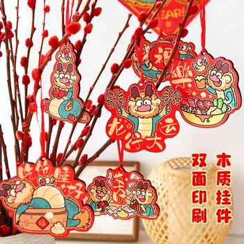 2024 Китайское Длинное Новогоднее украшение Деревянный зодиак Фу Подвесной Орнамент с кисточками Традиционное Украшение для дома Весеннего фестиваля