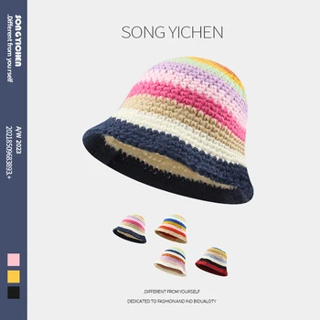 Корейская версия свежих радужных шляп-ведерок для женщин, универсальная осенне-зимняя теплая вязаная шапочка-тазик с открытым лицом.