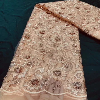 2024 Розовый новый стиль трубка Блестки африканская кружевная ткань высококачественные французские блестки нигерийская кружевная ткань для свадебного платья