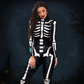 Женский сексуальный костюм для косплея на Хэллоуин, черные комбинезоны с принтом черепа, модный костюм с длинным рукавом, облегающий костюм ужасов.