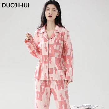 DUOJIHUI Sweet Autumn, Свободный модный женский пижамный комплект, Кардиган волшебного цвета с длинным рукавом, Базовые брюки, повседневная домашняя пижама для женщин